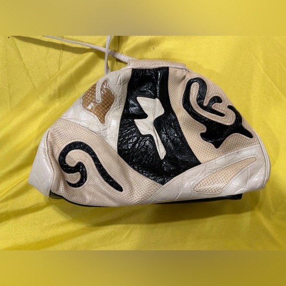 Vintage Sharif Patchwork Leather Shoulder Bag Cream Black Gold Made in USA - Picture 8 of 12